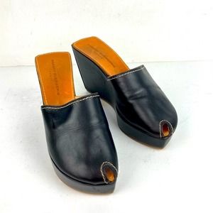 Robert Clergerie Black Leather Peep-Toe Wedge Mules